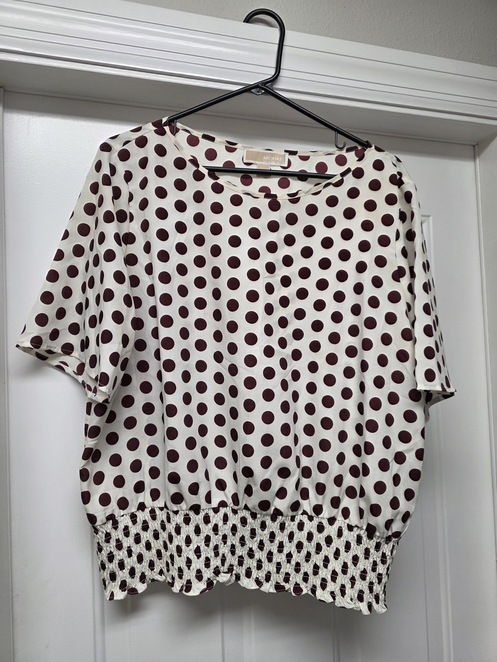 Michael Kors Cream Short Sleeve Polka Dot Top with Burgundy Dots